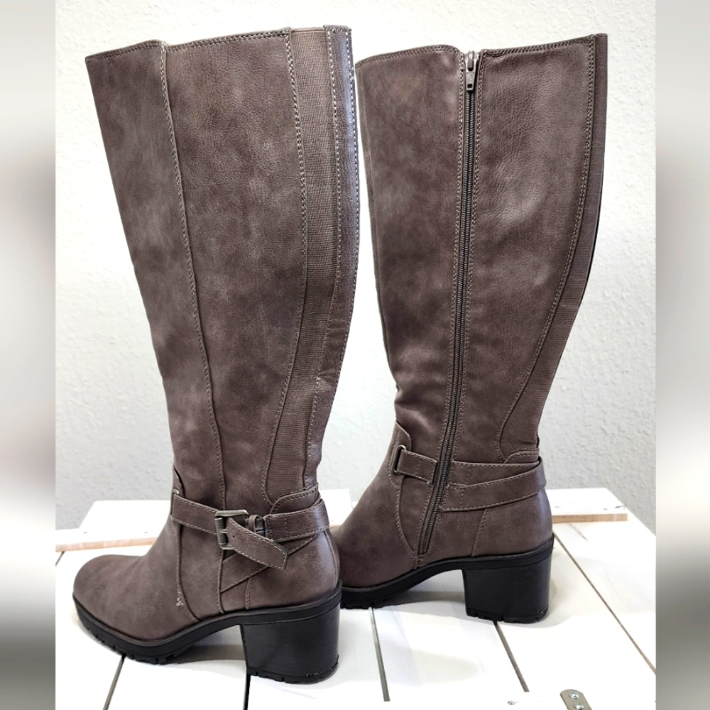 Grey knee high boots